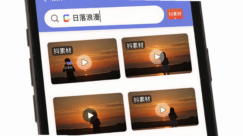 主体为手机搜索界面,顶部搜索框内显示“日落浪漫”文字,下方排列多张暖色调日落视频封面,布局规整,风格扁平化,细节包含“抖素材”品牌色,画质清晰无杂点