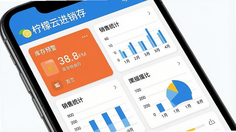 一张智能手机屏幕截图的图像,显示柠檬云进销存的首页仪表盘,顶部有'柠檬云进销存'字样,中部展示库存预警、销售统计等卡片,布局清晰,风格扁平化,色彩以蓝色和白色为主,细节包括各种数据图表,画质高清,干净无多余元素。