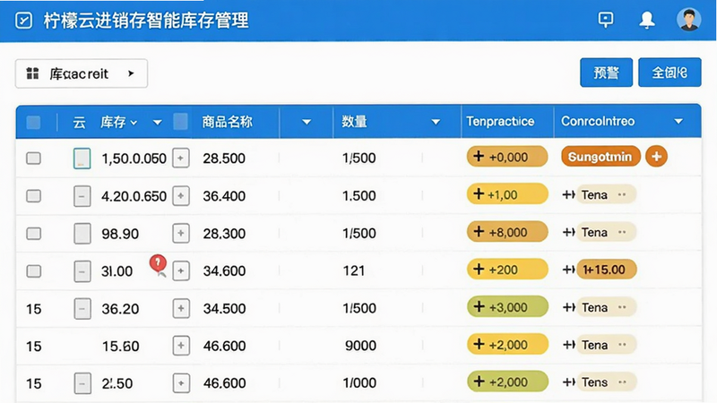 柠檬云进销存智能库存管理界面截图,显示库存列表、商品名称、数量、预警标识,布局为表格形式,风格简约,蓝色调,细节有库存数量颜色区分,画质清晰。