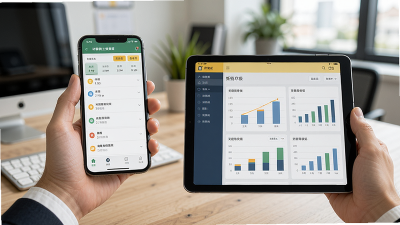 在手机和平板上使用柠檬云进销存的场景图,左手持手机显示单据列表,右手持平板显示报表图表,背景为办公室,风格写实,细节包括屏幕上的数据,画质高清干净。