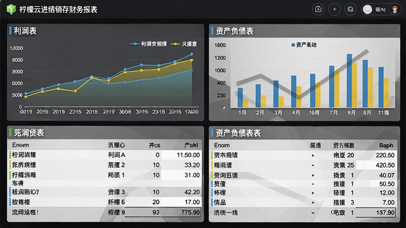 柠檬云进销存财务报表界面,显示利润表、资产负债表图表,布局为图表和数字列表,风格数据可视化,细节有折线图和柱状图,画质干净。