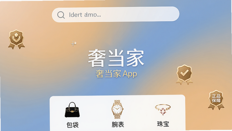 主体:奢当家App主界面截图,中心显示“奢当家”品牌logo,背景为柔和渐变色,布局上方有搜索栏,下方为分类图标如“包袋”“腕表”“珠宝”,排版简洁清晰,风格现代高端,细节突出正品保障标识,画质高清干净无多余元素