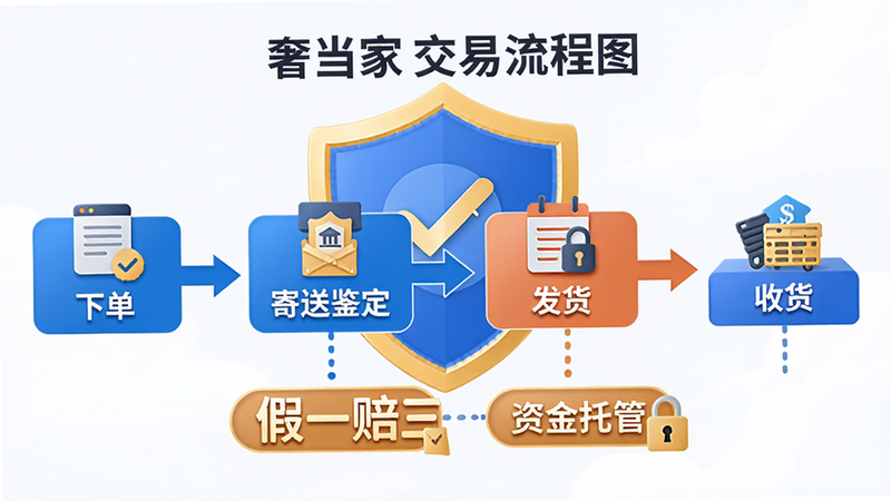主体:奢当家交易流程图,从左到右依次为“下单→寄送鉴定→发货→收货”,背景有盾牌图案表示安全,布局清晰,风格扁平化,细节突出“假一赔三”和“资金托管”文字,画质干净