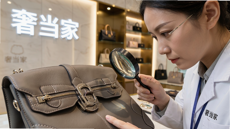 主体:鉴定师手持放大镜仔细检查一只奢侈品包袋的细节,背景是奢当家鉴定工作室,布局聚焦于包袋金属扣和缝线,风格真实专业,光线明亮,画质清晰突出“奢当家”品牌字样