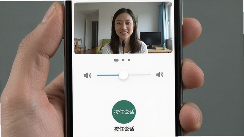 千鸟物联语音对讲界面,手机屏幕底部有圆形对讲按钮标有“按住说话”,顶部显示摄像头实时画面,中间有音量调节滑块,整体UI简洁直观