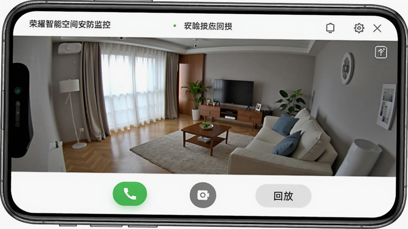 荣耀智慧空间安防监控页面,手机屏幕显示摄像头实时画面,画面中有客厅场景,底部有通话按钮、截图按钮、回放按钮,界面干净无多余元素。