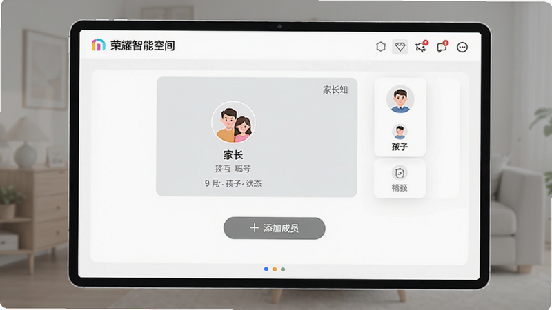 荣耀智慧空间家庭管理界面,显示家长与孩子账号绑定状态,界面有