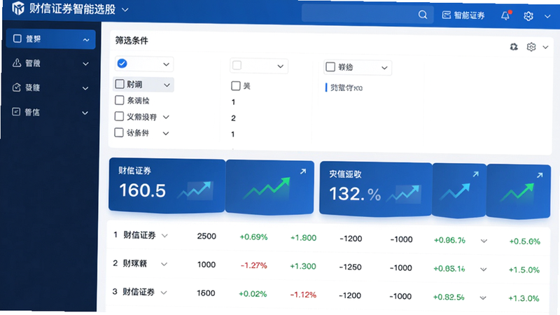 主体为财信证券智能选股界面截图,上半部显示筛选条件多选项,下半部列出股票列表带涨跌幅,布局左右分栏,风格科技蓝,细节有数据卡片和趋势箭头,画质清晰无杂乱元素