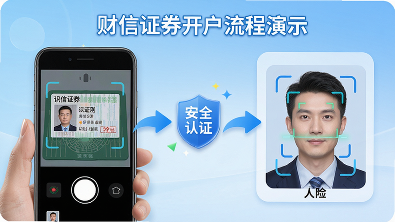 主体为财信证券开户流程演示,展示手机摄像头识别身份证和人脸,布局分步骤流程图,风格轻快明亮,细节有