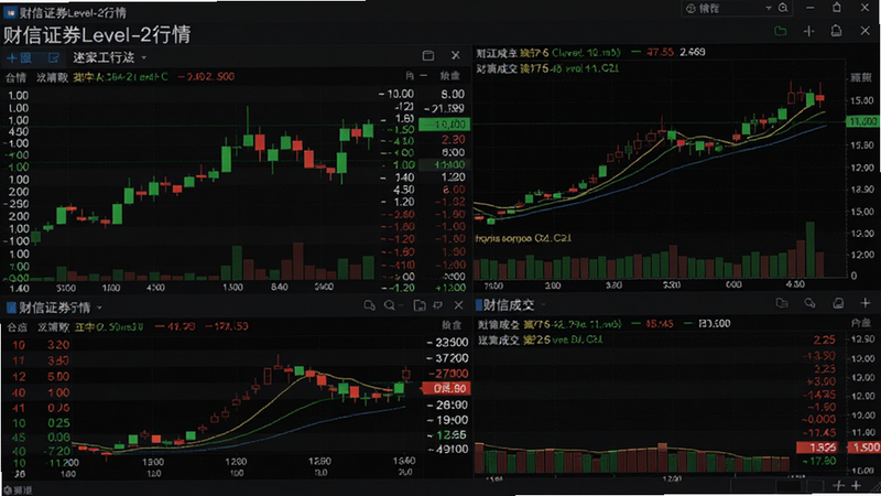 主体为财信证券Level-2行情界面,显示十档盘口和逐笔成交明细,背景为分时图,布局上下结构,风格深色模式,细节有绿色红色数字和柱状图,画质高清干净