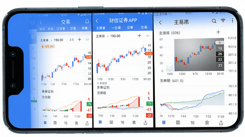 主体为财信证券App在安卓手机上的运行画面,显示交易界面和行情图表,布局竖屏全屏,风格蓝白配色,细节有挂单区和买卖五档,画质高清干净无多余元素