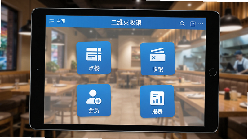 主体:二维火收银软件在平板上的主界面,布局:屏幕显示“点餐”、“收银”、“会员”、“报表”四个模块图标,背景是模糊的餐厅环境,排版:图标均匀分布,风格:写实UI截图,细节:屏幕上方有“二维火收银”字样,颜色以蓝色为主,画质:高清细腻,干净无多余元素。
