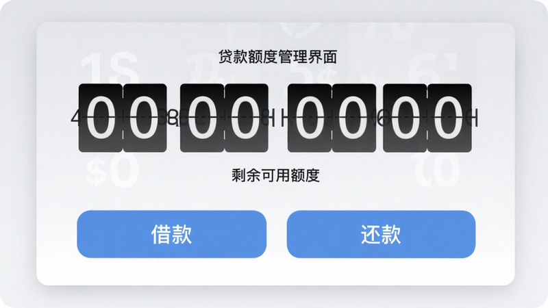 展示贷款额度管理界面,数字滚动显示剩余可用额度,下方有“借款”和“还款”两个按钮,背景为浅灰色卡片式设计,整体风格现代简约,画质细腻,无杂乱元素。