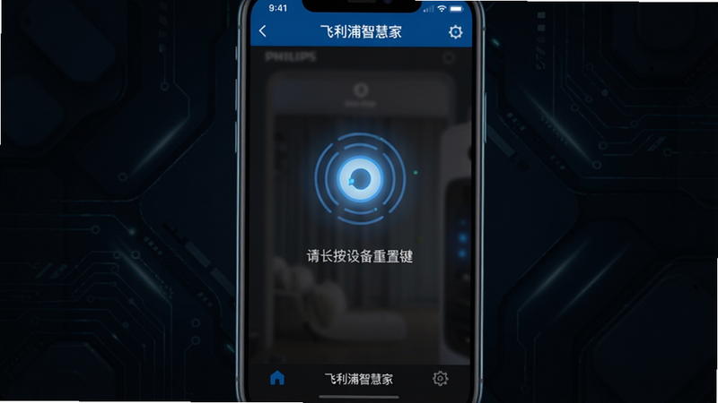 画面主体为手机屏幕上显示飞利浦智慧家App的添加设备引导界面,界面中央有一个呼吸灯动画,下方有“请长按设备重置键”的文字提示。背景为深色科技感,布局简洁,风格为UI界面截图,画质高清,文字清晰,“飞利浦智慧家”出现在顶栏和底部导航。
