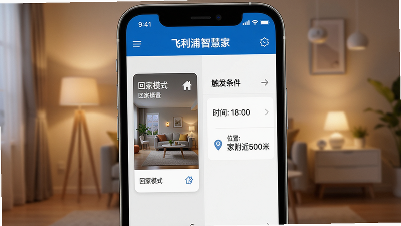 画面主体为手机屏幕显示飞利浦智慧家APP的场景编辑页面,左侧是“回家模式”场景卡片,右侧有触发条件列表(时间:18:00,位置:家附近500米)。背景为模糊的智能家居场景,灯光柔和。布局采用分屏设计,风格为科技感UI,画质高清,文字清晰可见,“飞利浦智慧家”字样在顶栏。