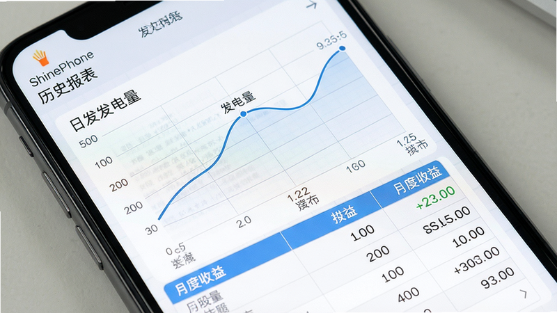 一张ShinePhone手机应用的历史数据报表界面截图,主体为手机屏幕,显示日发电量曲线图与月度收益表格,背景为浅色网格,布局图文结合,风格商务简洁,细节清晰,画质高清,文字标注