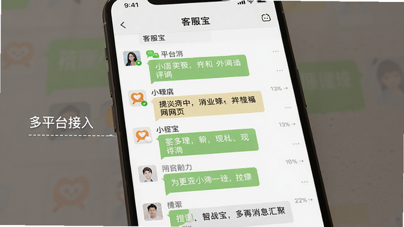 客服宝多平台消息汇聚示意图,展示手机屏幕同时显示微信、小程序、网页等多个渠道的对话窗口,所有消息在一个列表中呈现,界面整洁,色彩柔和,画质清晰,文字标注