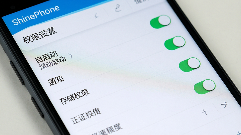 一张ShinePhone手机应用设置界面截图,主体为手机屏幕,显示权限管理选项,包含自启动、通知、存储权限等开关,布局列表式,风格简洁,细节清晰,画质高清,文字标注
