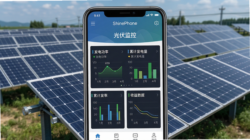 一张展示ShinePhone手机应用界面的截图,主体为智能手机屏幕,屏幕内显示光伏电站监控仪表盘,包含发电功率、累计发电量、收益数据等图表,背景为太阳能电池板阵列,布局居中,风格写实,细节清晰,画质高清,文字标注