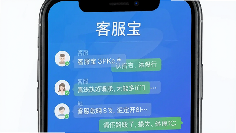 客服宝软件主界面预览图,展示手机屏幕内客服对话列表,顶部有