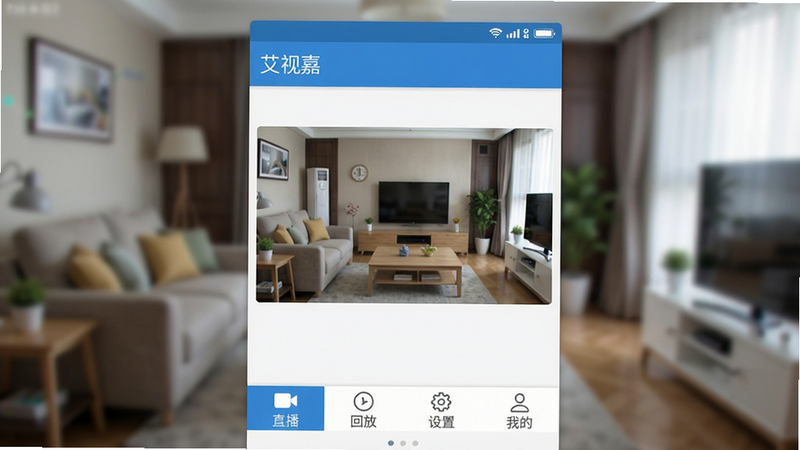 画面中央是艾视嘉APP主界面截图,背景虚化显示客厅监控画面,界面简洁布局:顶部状态栏显示“艾视嘉”字样及网络信号,中部是高清监控预览窗口,底部有“直播”“回放”“设置”“我的”四个功能标签。整体风格扁平化,蓝白色调,画质清晰干净,无多余元素。