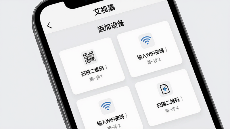 手机屏幕展示艾视嘉APP的“添加设备”引导页面,步骤1至4以卡片式排列,每步配有小图标;背景为浅灰色,整体干净有序;文字内容包含“扫描二维码”“输入WiFi密码”等提示;“艾视嘉”字样出现在顶部导航栏。