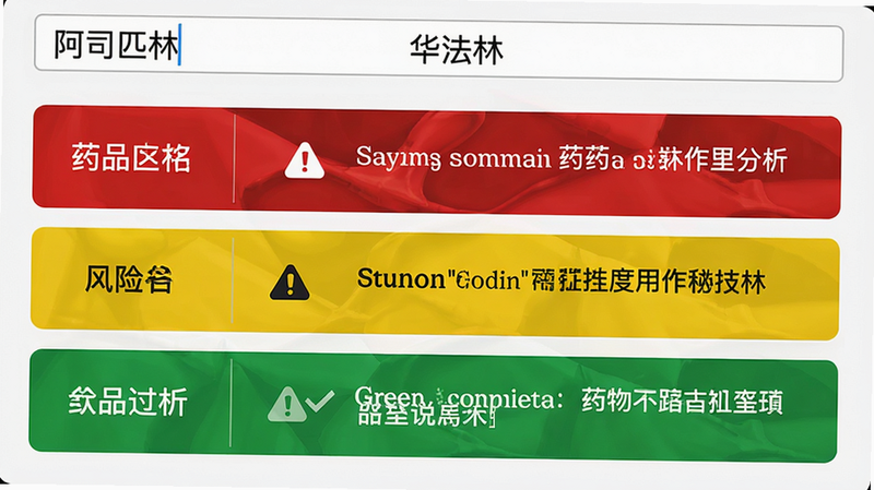主体:万药通药物相互作用分析界面,布局:顶部输入框已填入“阿司匹林”“华法林”,下方显示红、黄、绿三色风险条,排版:风险条左侧为药品名,右侧为作用说明,风格:简洁警示风格,红色醒目,细节:风险等级用图标标记,画质:高清,干净
