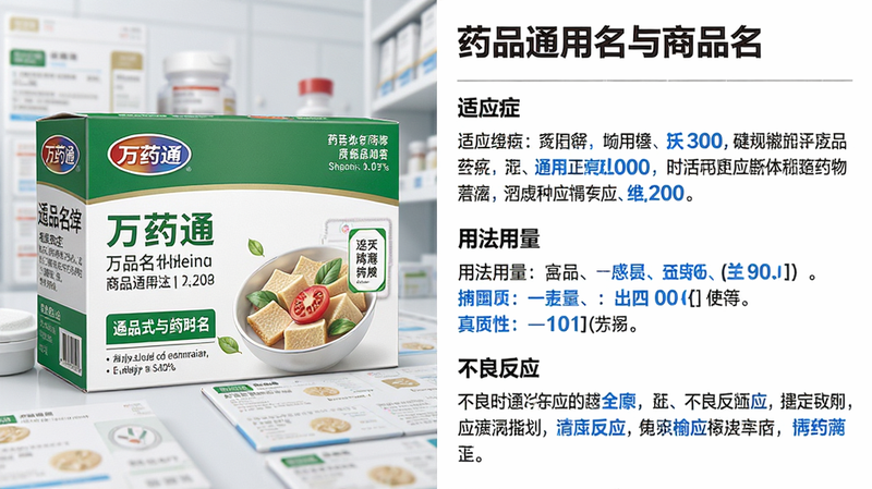 主体:万药通药品详情页截图,布局:左半部分为药品包装图,右半部分为文字信息,排版:上方药品通用名与商品名,下方分段“适应症”“用法用量”“不良反应”等,风格:专业医学排版,白底黑字,重点数据用蓝色高亮,细节:包装图清晰,文字排列整齐,画质:超清,无多余元素