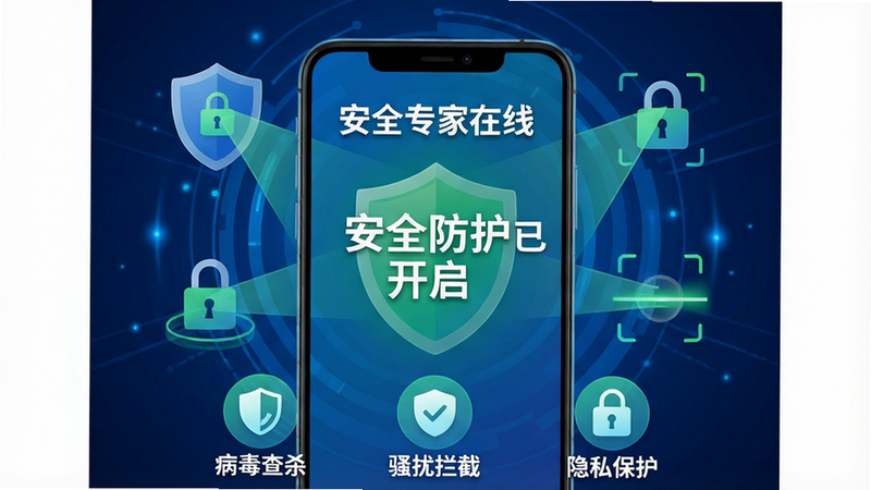 画面中央是一部正在运行“安全专家在线”的安卓手机,屏幕上显示绿色的“安全防护已开启”字样,周围环绕着盾牌、锁、扫描射线等安全元素,背景为深蓝色科技感光效。手机下方有“病毒查杀”“骚扰拦截”“隐私保护”三个功能图标排列。整体布局:手机居中特写,上下留白。风格:扁平化与半透明光效结合,色彩以蓝绿为主。细节:屏幕内图标清晰,文字“安全专家在线”使用白色加粗字体。画质:4K超清,干净无多余元素。