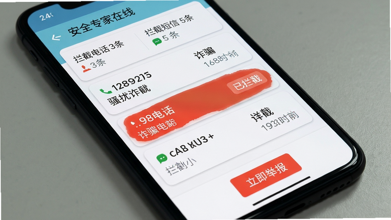 手机屏幕展示“安全专家在线”的拦截记录页面,列表顶部有“拦截电话 3条”“拦截短信 5条”统计,每条记录显示号码、类型(骚扰/诈骗)、拦截时间。其中一条诈骗电话以红色高亮,旁边有“已拦截”标签。背景为白色卡片式布局,手机边框暗色。整体布局:列表形式,从上到下。风格:Material Design风格,柔和阴影。细节:红色按钮“立即举报”在底部。画质:2K清晰,无多余元素。