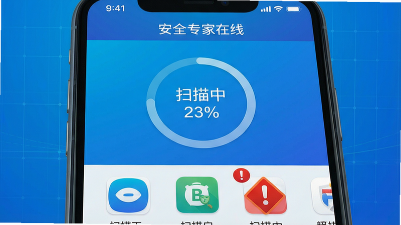 一部手机屏幕显示“安全专家在线”的病毒扫描界面,界面中央有一个圆形进度条正在旋转,周围有“扫描中 23%”字样,下方列出已扫描的应用图标,其中两个标记为红色危险图标。背景为渐变蓝色,带有细微网格线。整体布局:手机屏幕特写,界面元素居中。风格:扁平UI风格,高饱和度。细节:危险图标上有感叹号,文字“安全专家在线”在顶部状态栏。画质:高清,无多余元素。