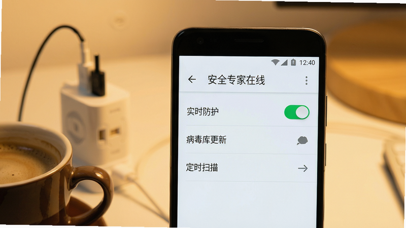 一部安卓手机屏幕上显示“安全专家在线”的设置页面,背景为白色,列表中“实时防护”开关为绿色开启状态,下方有“病毒库更新”“定时扫描”等选项。手机左侧放有充电器,桌面有咖啡杯。布局:手机居中,周围环境虚化。风格:实拍风格,暖色调灯光。细节:屏幕内文字清晰可读,开关细节可见。画质:高清,干净无多余元素。