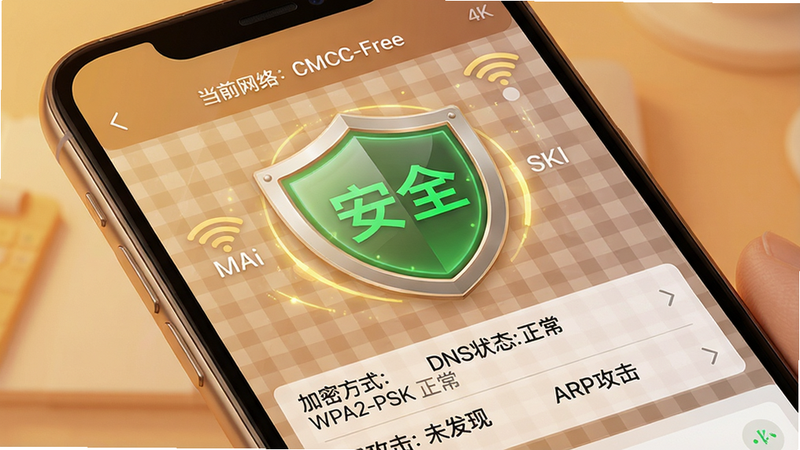 手机屏幕显示“安全专家在线”的WiFi检测结果界面,中心有一个大型盾牌图标,盾牌内显示“安全”绿色字样,下方列出检测项如“加密方式:WPA2-PSK”“DNS状态:正常”“ARP攻击:未发现”。背景为半透明格子状,手机倾斜角度放置。整体布局:盾牌居中,检测项分列两行。风格:科技感暖色调,略带光泽。细节:顶部有“当前网络:CMCC-Free”名称。画质:4K,无多余元素。