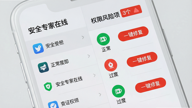 手机屏幕显示“安全专家在线”的隐私权限管理界面,左侧是一个应用列表,右侧对应每个应用已授权的权限圆形图标(绿色表示正常,红色表示过度)。顶部有“权限风险项 3个”红色数字。背景为浅灰色,手机边框银白色。整体布局:左右分栏,清晰对比。风格:极简扁平,信息层级分明。细节:红色权限项旁有“一键修复”按钮。画质:超清,干净。