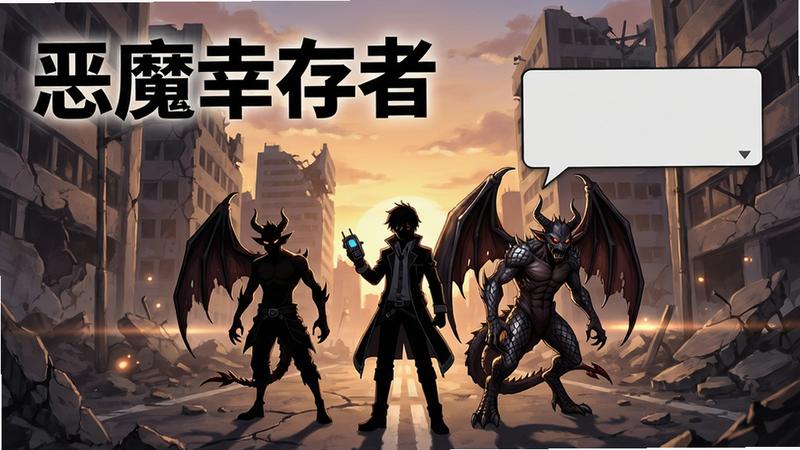 主体:游戏主界面,主角团队与多个恶魔并肩站立于东京街头废墟背景;布局:中心视觉聚焦,左上方显示“恶魔幸存者”中文标题(加粗黑体),右侧浮出对话气泡;排版:标题居中偏上,下方排列主角与三个恶魔的立绘剪影,背景为夕阳下倒塌的建筑;风格:日式动漫厚涂风格,带有Atlus特有的暗色调与金属光泽;细节:主角手持召唤器,恶魔翅膀与鳞片纹理清晰,地面有破碎的瓦砾和光效;画质:4K超清,光影柔和,无多余元素,干净利落。