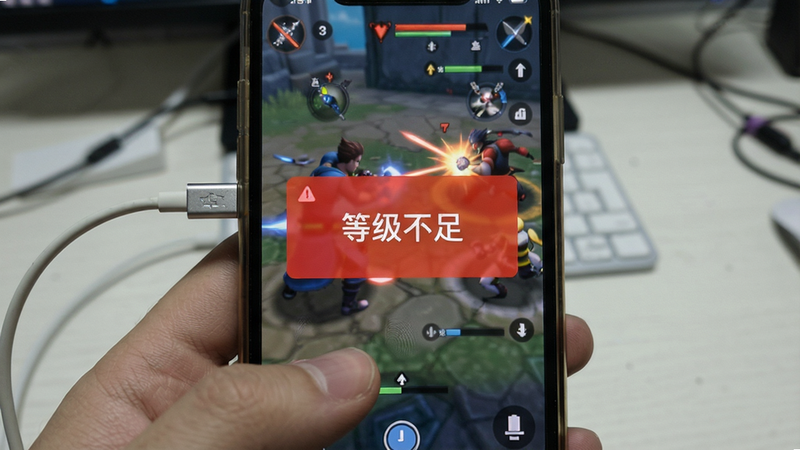 主体:手机屏幕上显示游戏战斗界面,红色警示弹窗“等级不足”;布局:手机竖屏居中,弹窗突出;排版:弹窗文字清晰,背景为半透明;风格:写实手机截图风格;细节:屏幕有手指触摸痕迹,充电线连接;画质:高清,干净无干扰。