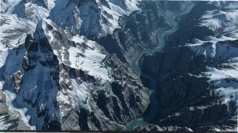 主体:三维地图发现软件渲染的雪山与峡谷场景。布局:画面左侧为陡峭山峰,右侧为深邃峡谷,中间有河流蜿蜒。排版:视角俯视,呈现纵深立体感。风格:写实自然,色调冷峻。细节:山峰积雪纹理、峡谷阴影层次分明。画质:超清,无多余元素。文字:无。