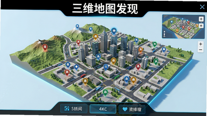 主体:三维地图发现软件界面,展示三维地形与建筑模型。布局:中央为城市立体地图,右上角有小地图和缩放控件。排版:底部有功能按钮栏。风格:写实科技风,色彩明亮。细节:地图上有道路标注和兴趣点图标,画面干净。画质:4K高清,无多余元素。文字:屏幕上方显示“三维地图发现”字样。