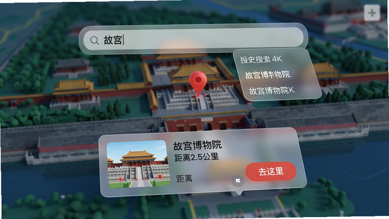 主体:三维地图发现搜索界面,搜索框输入“故宫”后展示结果。布局:地图上红色标记标注故宫位置,下方弹出卡片显示简介与距离。排版:卡片有缩略图、名称和“去这里”按钮。风格:现代化UI,毛玻璃效果。细节:搜索框有历史记录下拉。画质:4K,无多余元素。文字:卡片内文字“故宫博物院 距离2.5公里”。