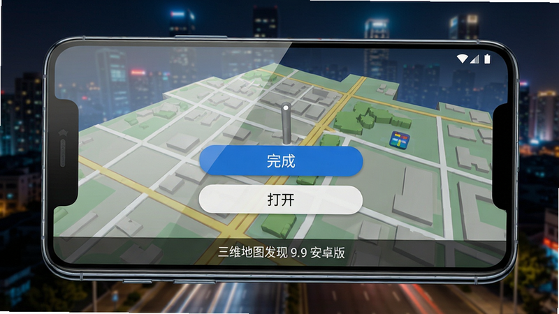 主体:手机屏幕显示三维地图发现安装界面,背景是城市夜景。布局:中央有“完成”按钮,下方有“打开”选项。排版:简洁干净。风格:写实摄影。细节:手机边缘有光泽,屏幕反光自然。画质:4K超清。文字:屏幕底部显示“三维地图发现 9.9 安卓版”。