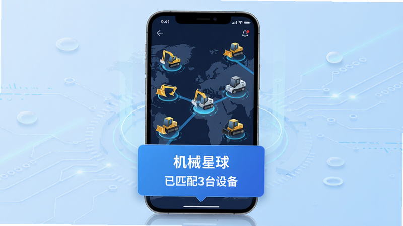 机械星球智能匹配功能示意图,主体是手机地图界面,地图上多个小图标代表工程机械,底部弹出匹配成功的提示卡片,卡片上有“机械星球”字样与“已匹配3台设备”信息,背景为淡蓝色科技风格,排版整齐,画质高清