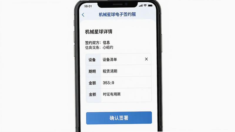 机械星球电子签约界面,主体是手机屏幕显示合同详情页面,包含签约双方信息、设备清单、租赁期限、金额等字段,底部有“确认签署”按钮,界面采用专业商务风格,字体清晰,背景为白色,画质干净