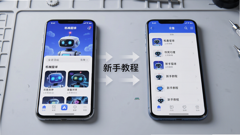 机械星球使用指南场景图,主体是两部智能手机并排放置,左边手机显示机械星球APP首页,右边手机显示设备列表,中间有箭头和“新手教程”文字,背景为浅灰色工作台,光线柔和,画质干净,无多余元素