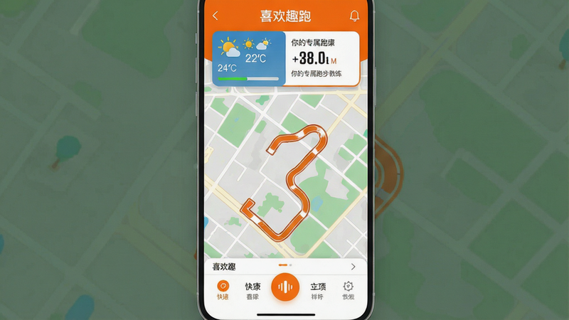 一张展示喜欢趣跑APP主界面的高清截图,包含顶部天气与健康数据面板,中间动态地图轨迹,底部快捷操作栏。整体采用现代扁平化设计,色调以活力橙色和白色为主,画质细腻,干净无多余元素。文字标注
