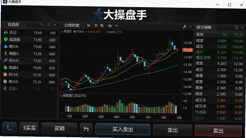 一张展示大操盘手软件主界面的高清截图,整体布局采用深色主题,顶部居中显示“大操盘手”Logo,下方从左到右依次为自选股列表、分时K线图、成交明细,底部固定买入卖出按钮,界面干净整洁,画质清晰,风格现代专业,无多余元素。