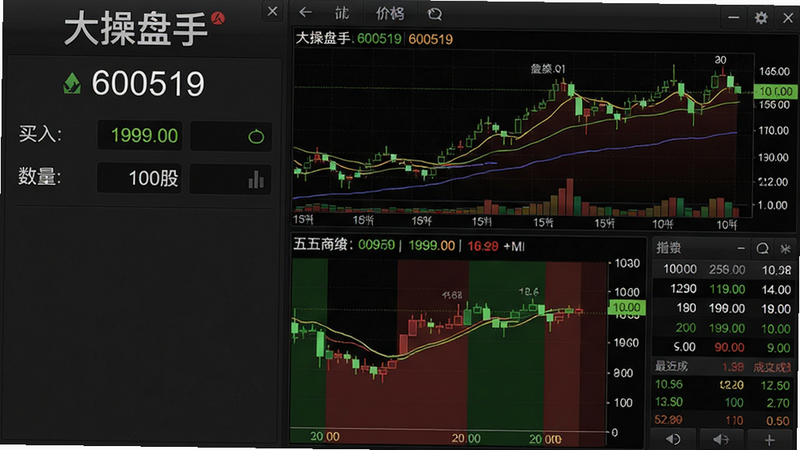 一张大操盘手模拟交易界面的截图,左侧为委托下单区域,显示股票代码“600519”、买入方向、价格1999.00、数量100股,右侧上半部分为分时图,下半部分为五档盘口与最近成交明细,整体布局规整,数字清晰,风格写实,画质细腻,背景深色,突出“大操盘手”品牌。