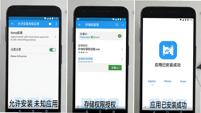 一张展示大操盘手在安卓手机上安装与权限设置的步骤示意图,图片分为三个小图:第一个小图显示“允许安装未知应用”的设置开关,第二个小图显示存储权限授权界面,第三个小图显示应用已安装成功界面,每个步骤都有中文文字标注,画质清晰,风格简洁。