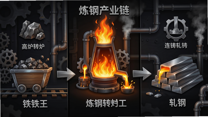主体:钢铁王国游戏中的炼钢工序流程图,显示铁矿-高炉-转炉-连铸-轧钢的完整链条。布局:左中右三段式,左侧矿车,中间高炉火焰,右侧钢坯堆叠。排版:流程箭头清晰,每个环节配有图标和文字说明。风格:工业风,金属质感,深色背景。细节:铁水飞溅、齿轮转动、蒸汽管道。画质:高清渲染,干净利落。图片文字标注