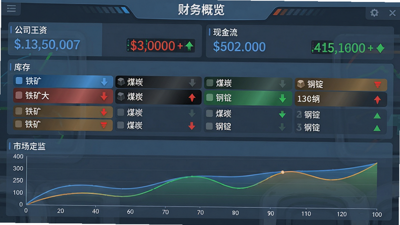 主体:钢铁王国游戏内的经营界面,显示财务报表、库存列表和市场走势图。布局:上方是公司总资产/现金流,中间是库存表格(铁矿、煤炭、钢锭),下方是折线图。排版:数据条用不同颜色区分,图表有坐标轴。风格:现代化仪表盘风格,蓝灰色调,清晰易读。细节:数字跳动、红绿色涨跌箭头、图表平滑曲线。画质:扁平化UI,高清无锯齿。图片文字包含