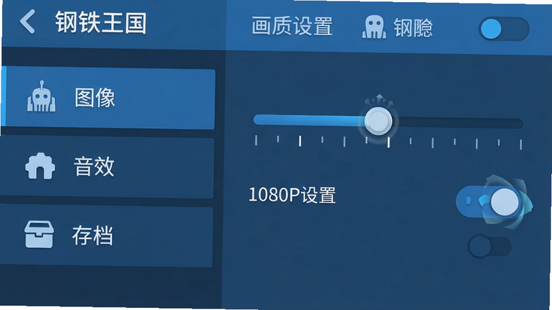主体:钢铁王国游戏设置界面,左侧菜单显示